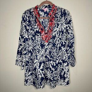 Lilly Pulitzer Sarasota Top Tunic Size Medium Blue beaded beach resort vacation